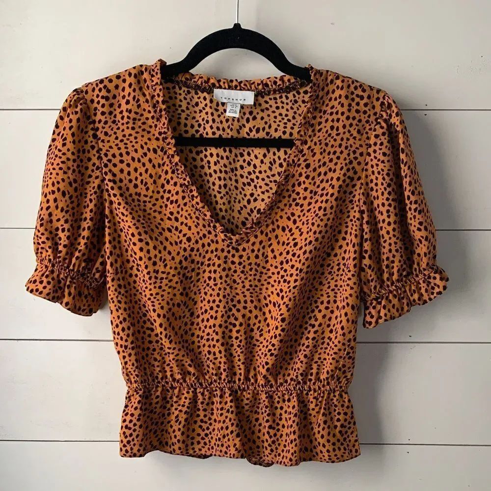 Topshop Leopard Print V-Neck Ruffle Blouse – Size 4